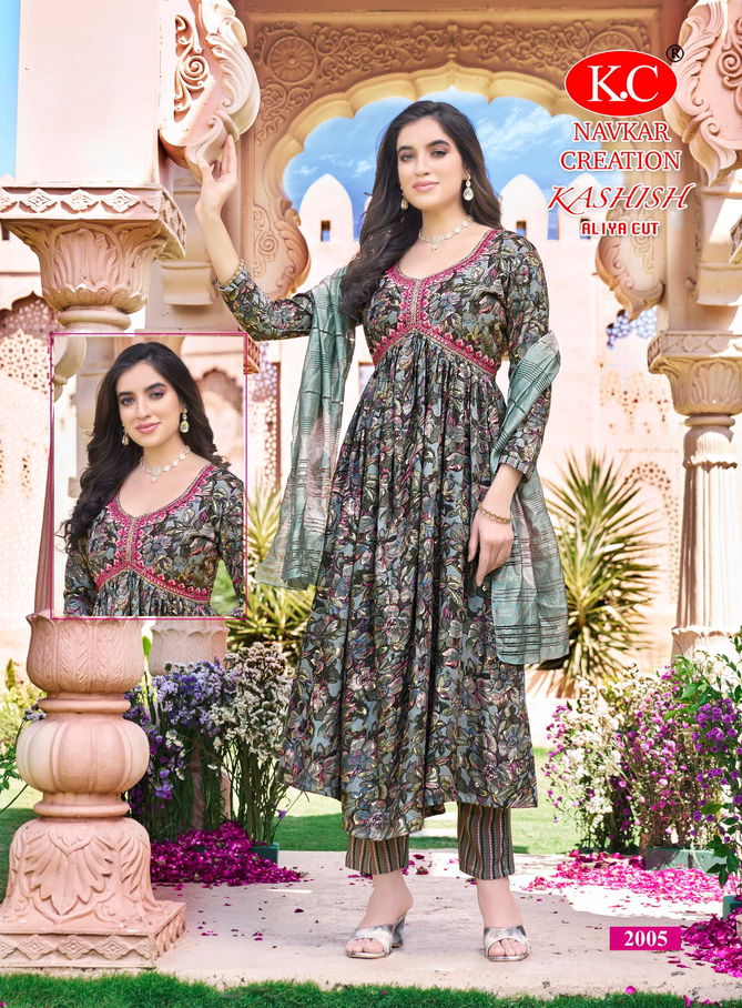 Kashish By Navkar Alia Cut Rayon Printed Kurti With Bottom Dupatta Wholesale Shop In Surat